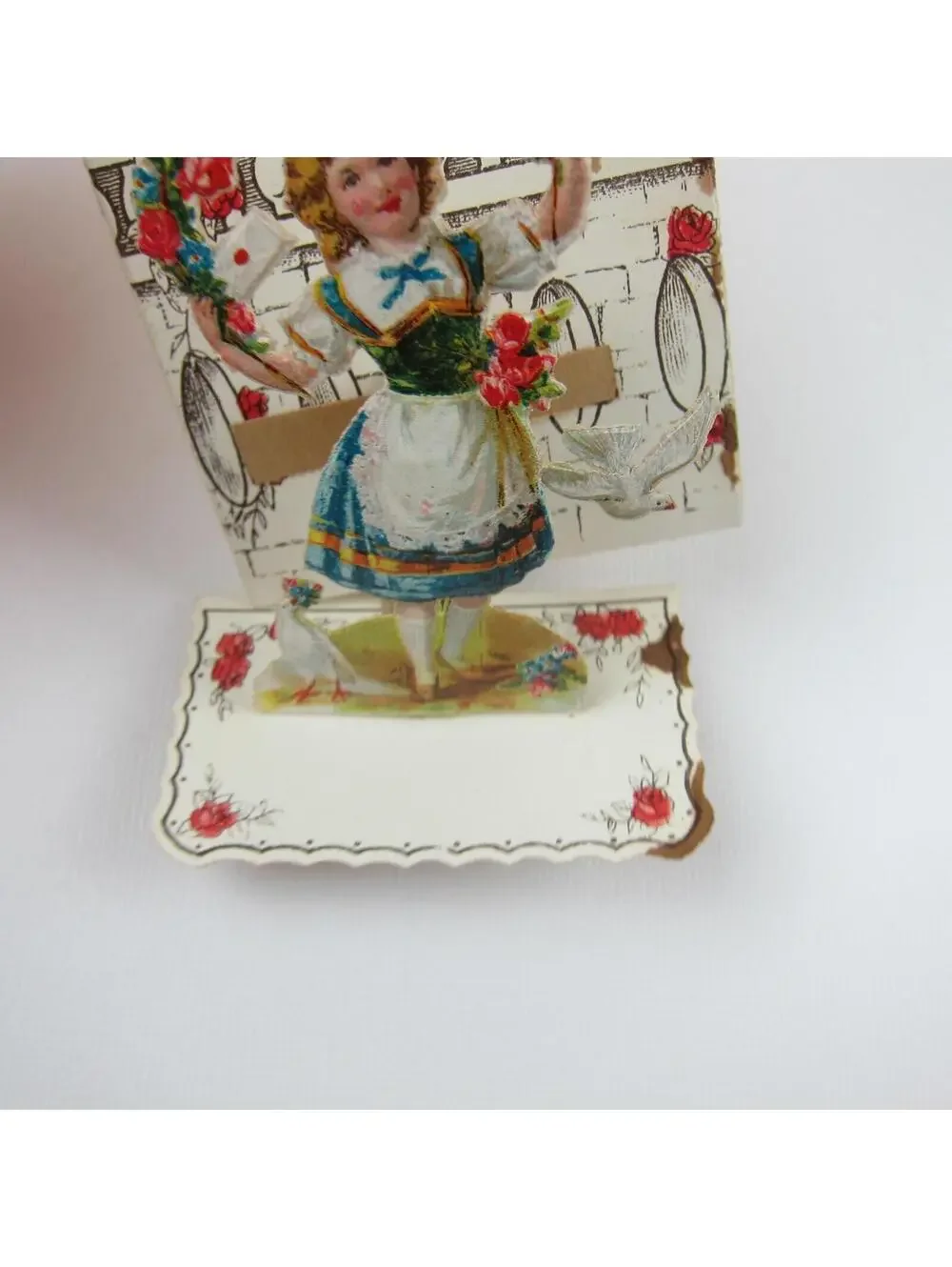 Vintage Valentine 3D Pop Up Die Cut Blonde Girl Blue White Dress Red Flowers
